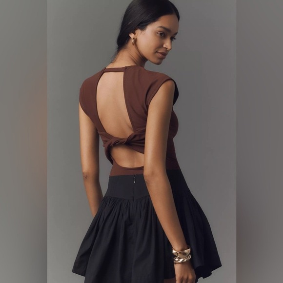 Anthropologie Brown Square Neck Bodysuit Size S NWT Cutout Back Top - Picture 2 of 6